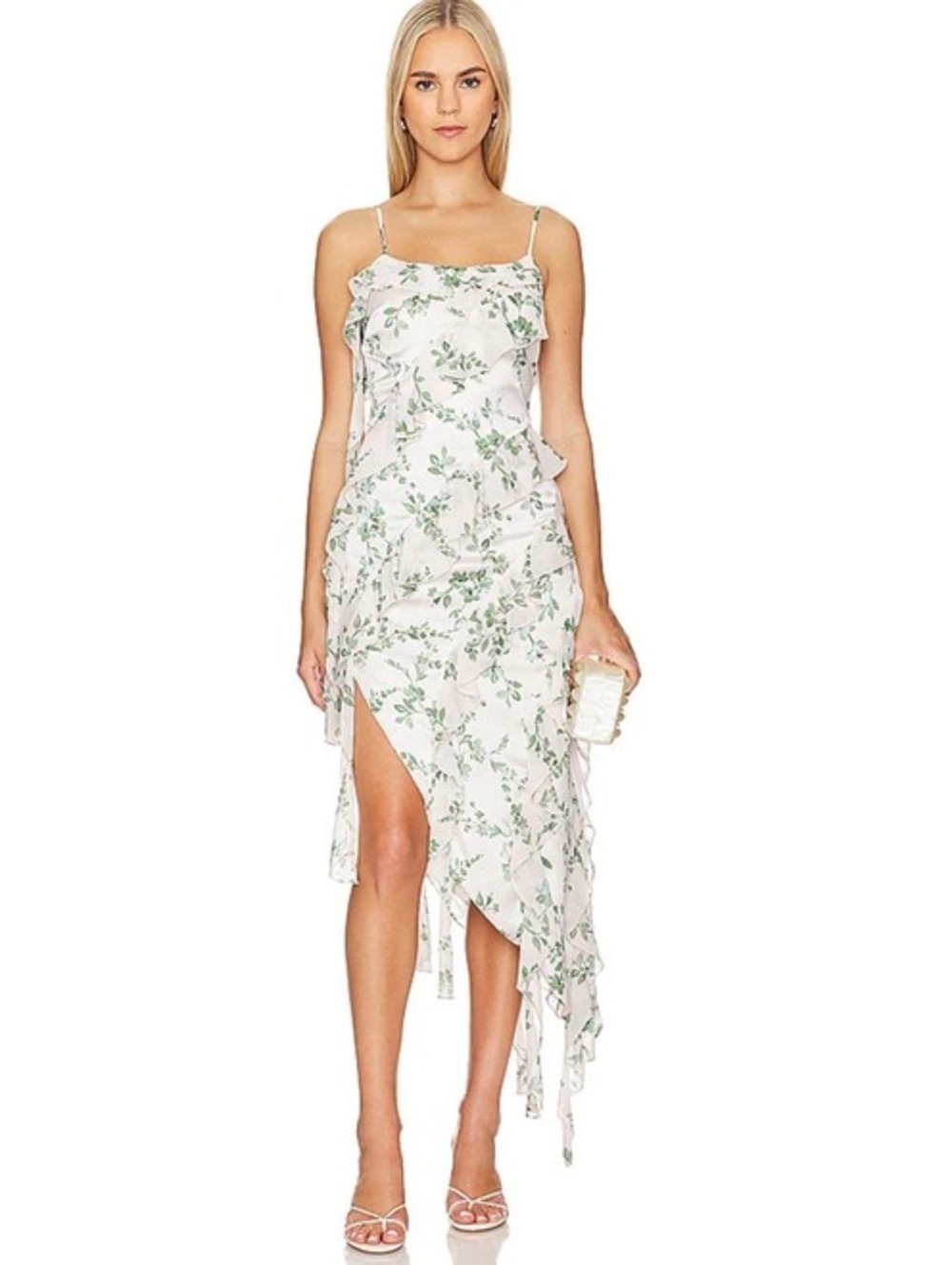 NWT MISA Los Angeles Ilysa Asymmetric Mid-Length Dress White Floral Sage Size L